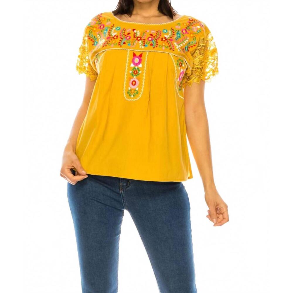 NEW UNIK embroidered lace sleeve blouse in sunshine